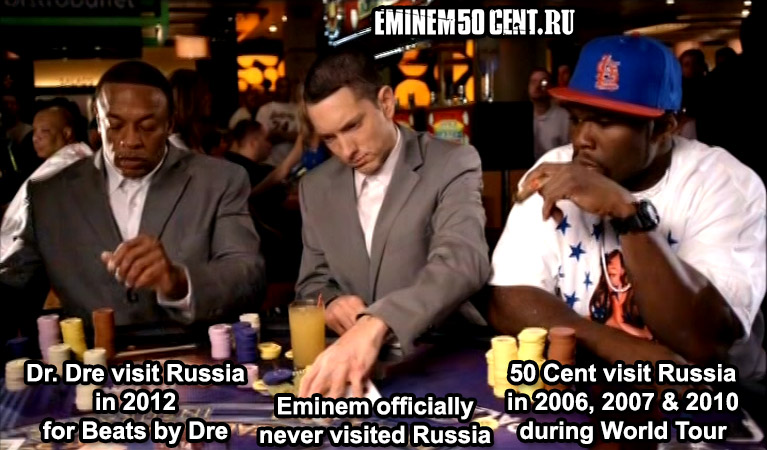 50 Cent выступал в России в 2006, 2007 и 2010 году во время Мирового Тура, Dr. Dre был в России в 2012 для представления Beats, а Eminem ни разу официально не выступал в России