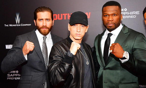Eminem и 50 Cent с Джейк Джилленхолом на премьере фильма "Левша" в Нью-Йорке