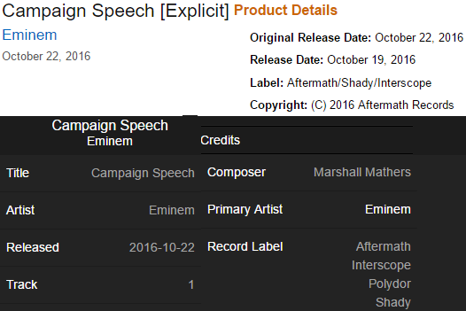 Eminem - сингл Campaign Speech вышел под Shady/Aftermath/Interscope в 2016