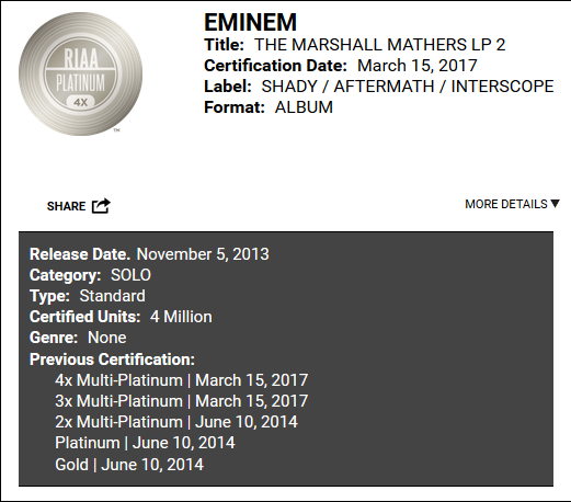 Eminem: альбом MMLP2 получил 4 платины!