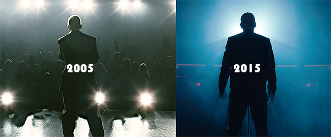 2005: Eminem на сцене - последний выход на бис When I'm Gone, 2015: Один перед пустой сценой в Phenomenal